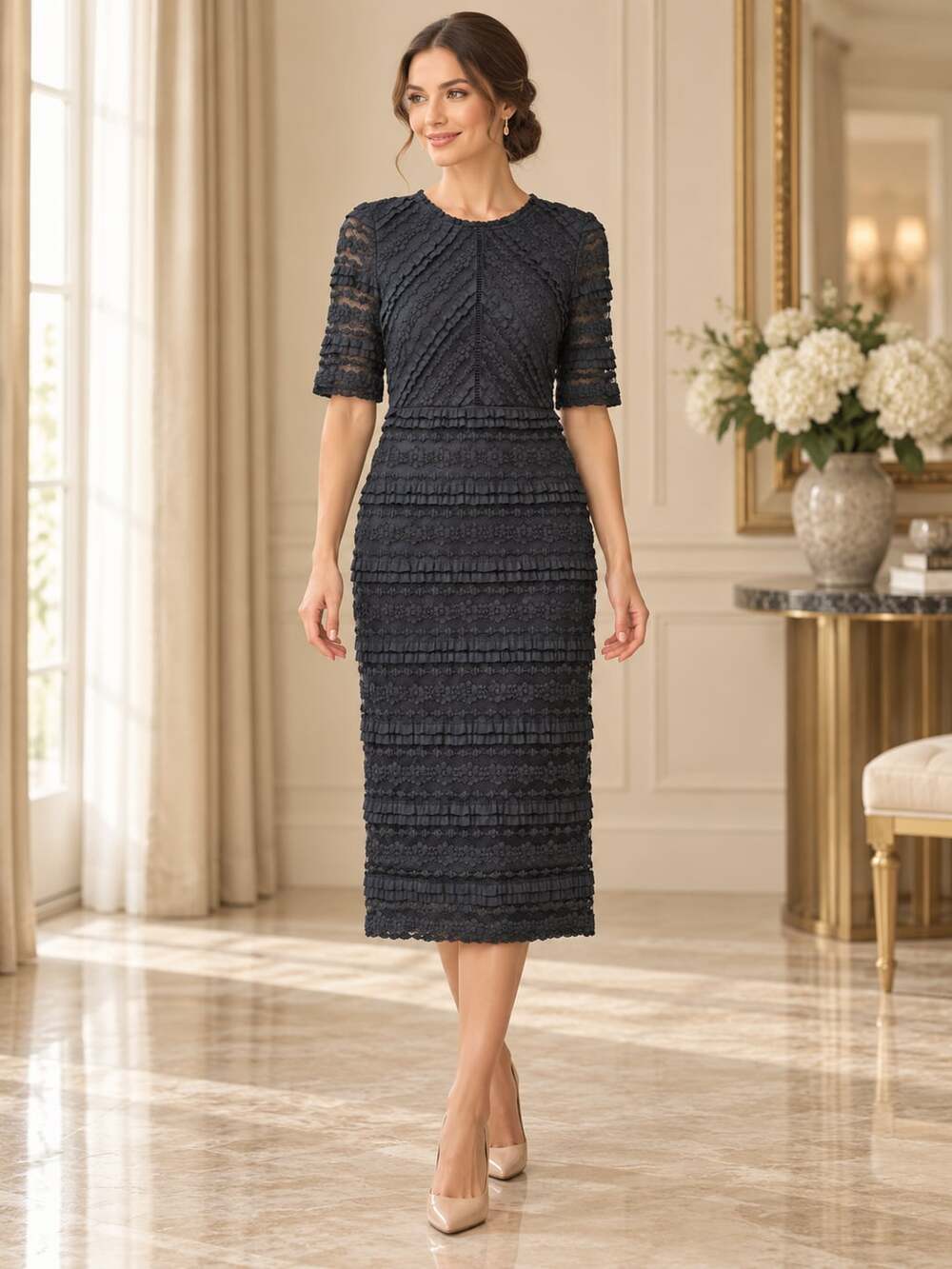 Roolee Navy Blue Lace Midi Dress S Ruffle Trim Short Sleeve Fitted NWT